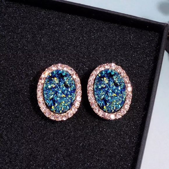 Oval Blue Druzy Cubic Zirconia Round Gold Earrings - Picture 2 of 8